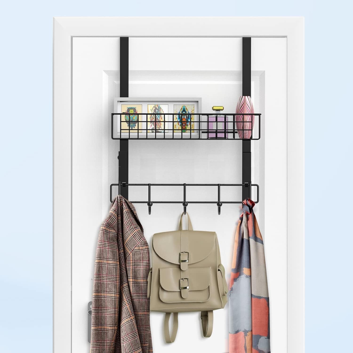Konquer Time Over the-Door Hanger with Storage Basket Space-Saving Organizer for Clothes, Towels & Accessories